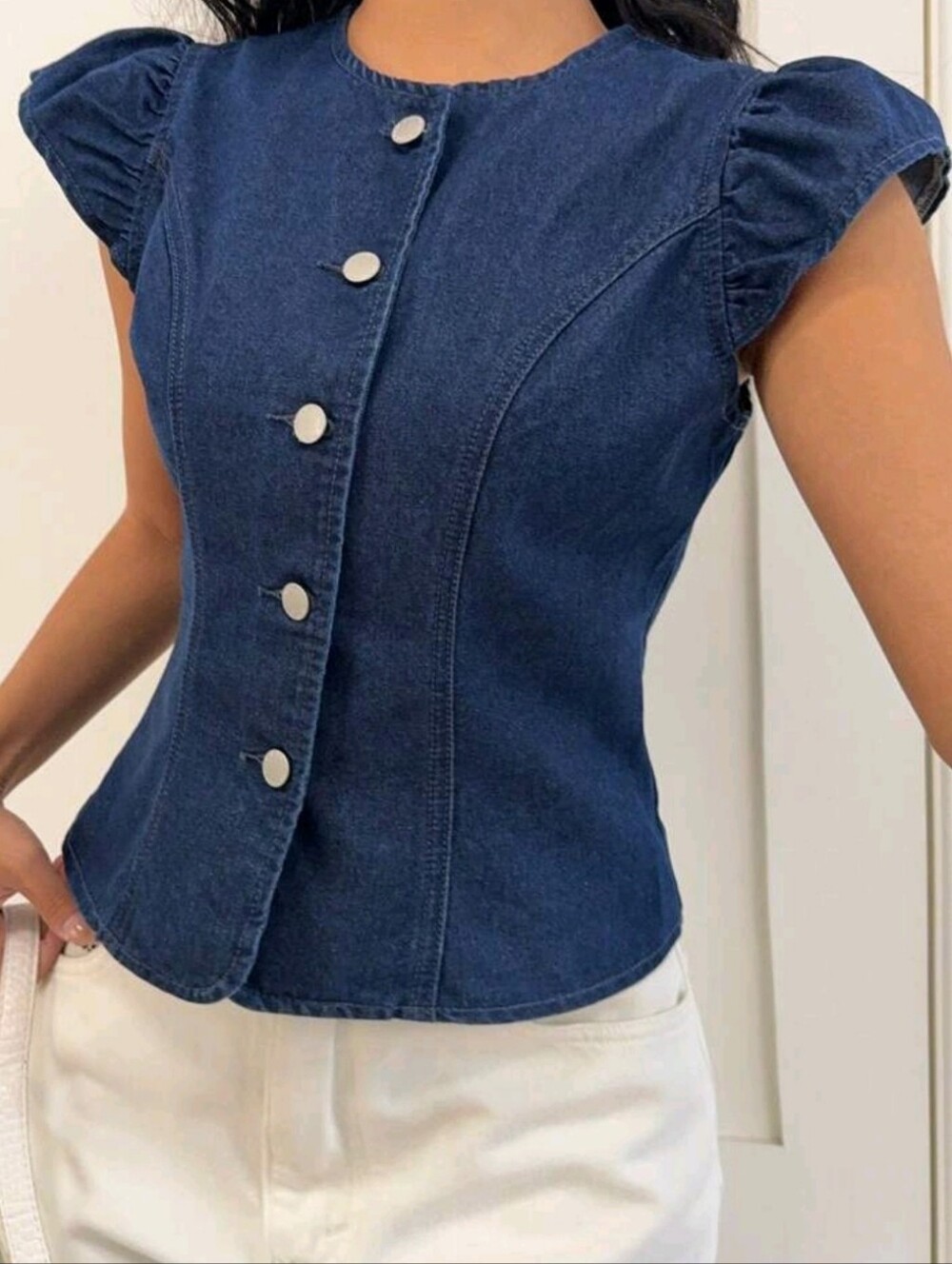 Denim Button-Front Puff Sleeve Top - Navy